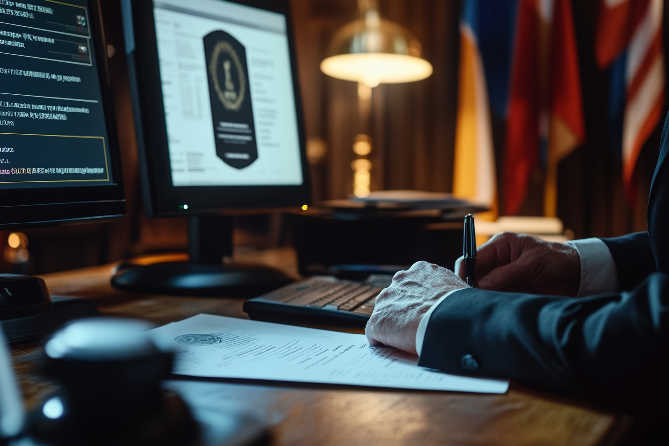 Une image réaliste montrant un bureau officiel de régulation des jeux d'argent en 2025. Sur un bureau en bois élégant, un inspecteur examine des documents de licence de casino en ligne, avec un tampon officiel prêt à être appliqué. Un écran d'ordinateur affiche une plateforme gouvernementale de régulation des casinos, avec des mentions comme 'Licences mises à jour' et 'Nouvelle réglementation 2025'. En arrière-plan, un mur avec des drapeaux de différents pays et des certificats encadrés symbolisant l'approbation internationale. L'ambiance est professionnelle, sérieuse et moderne, avec un éclairage naturel et une touche high-tech.